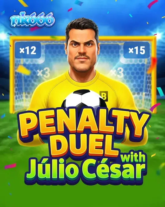 Tampilan antarmuka permainan Penalty Duel with Júlio César dengan latar belakang stadion sepak bola.